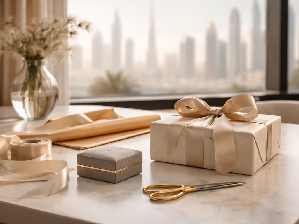 Luxury gifting brand cue: elegant Dubai-style office desk with premium gift wrap, jewelry box, and soft golden light.