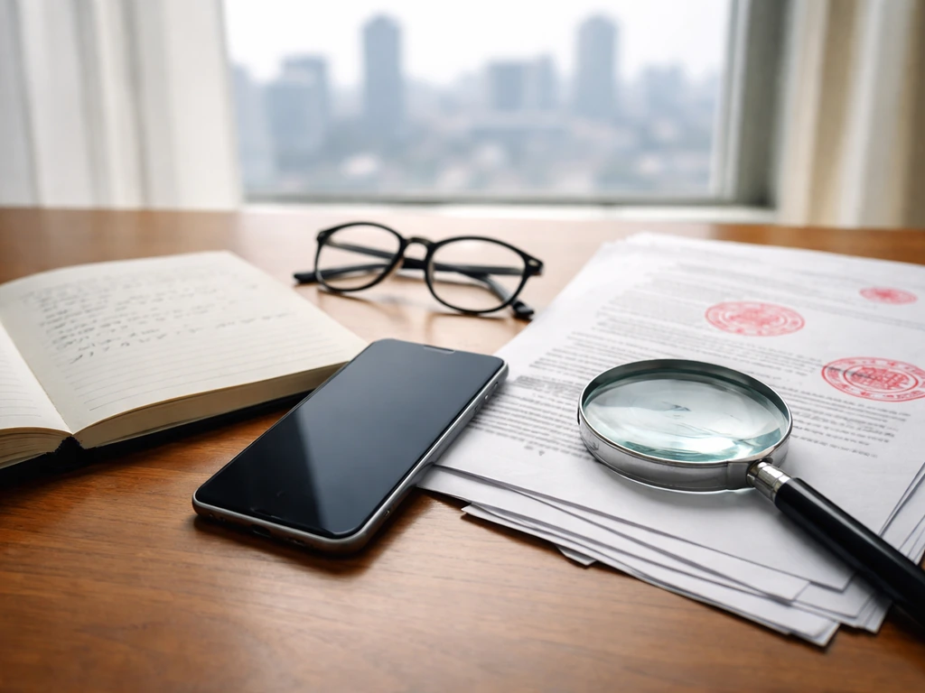 Desk with magnifying glass and documents, symbolizing verification of net worth claims without readable text.