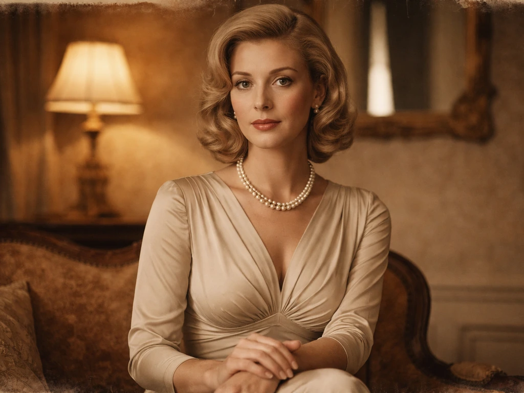 Vintage photo-style scene of an elegant British socialite in a London drawing room, posed confidently.