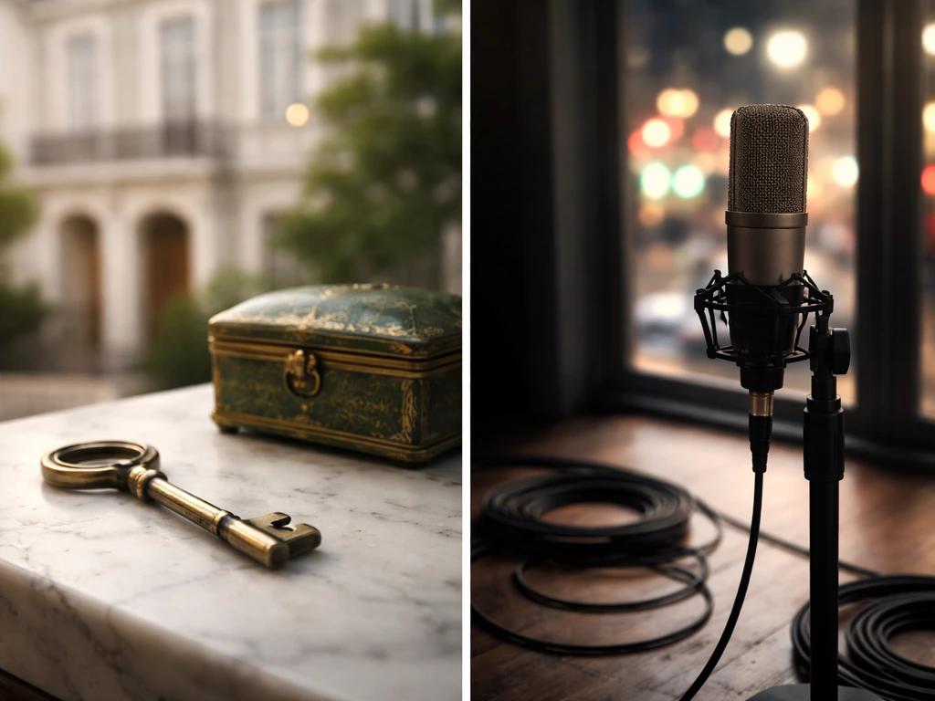 Minimal split-scene: heritage objects on one side and an entertainer microphone setup on the other.