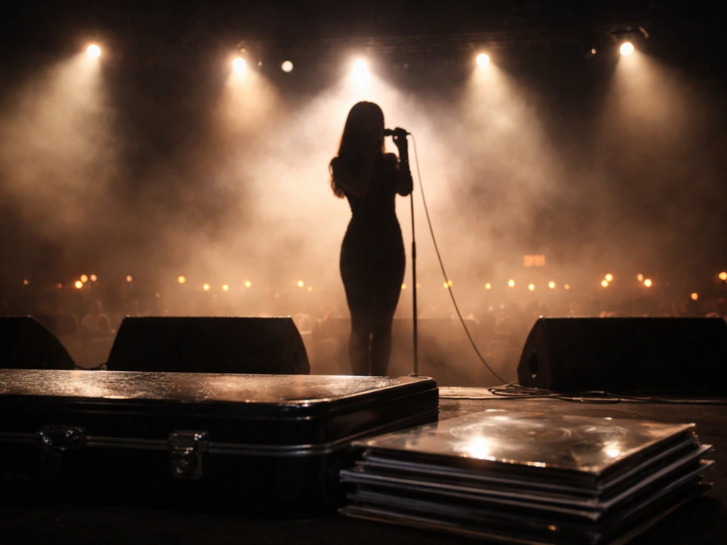 Silhouetted singer on a concert stage with vinyl records and spotlights suggesting music and royalties.