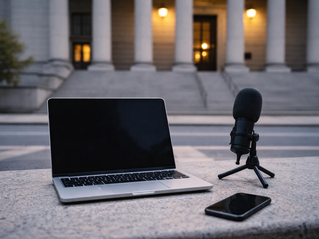 Courthouse exterior with a media/marketing desk scene suggesting Loren Merchan’s public profile context