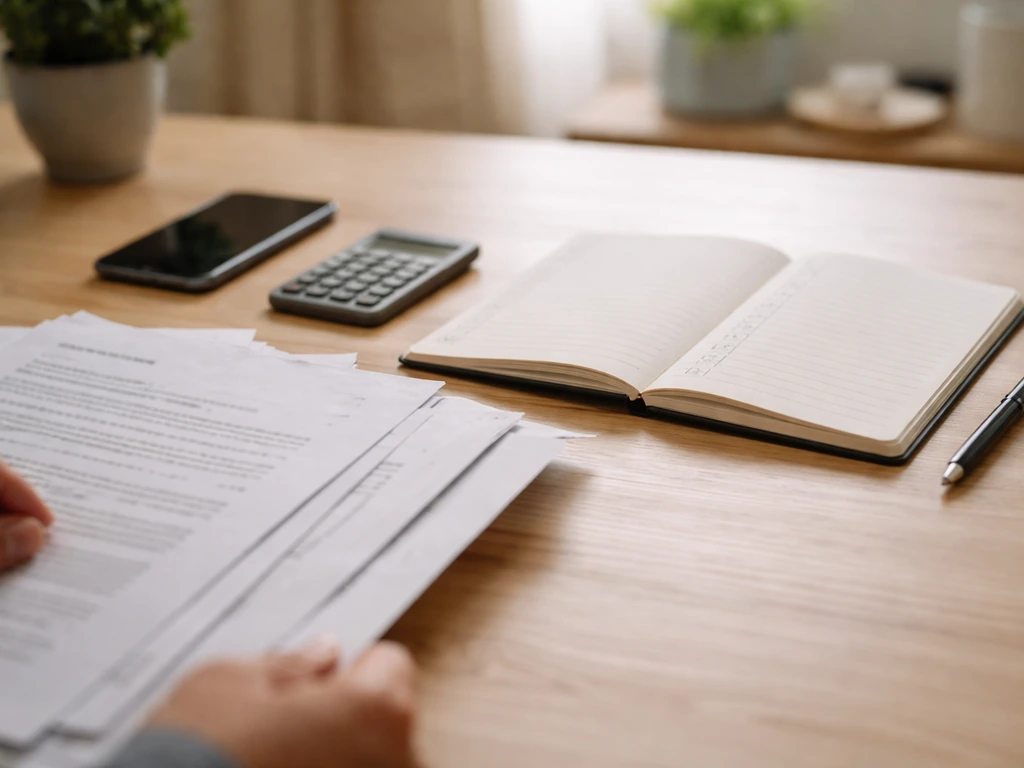 Minimal photo of a desk with a checklist notebook, papers, and a calculator for estimating wealth responsibly