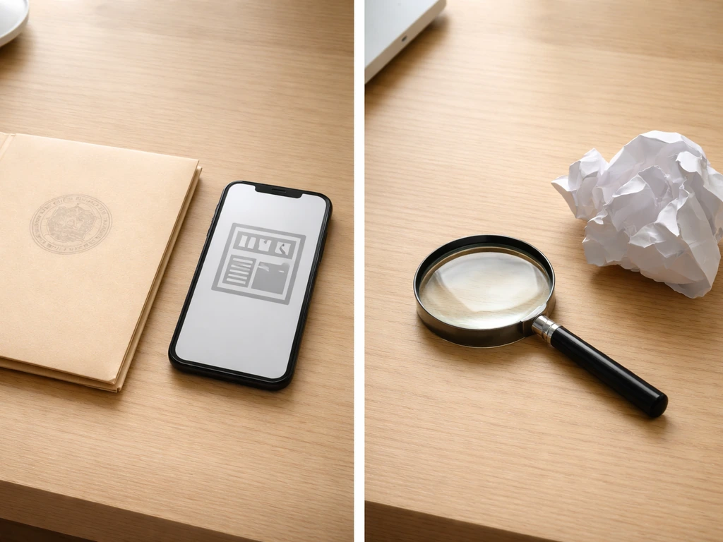 Minimal desk photo with documents and a phone on one side, crumpled paper and magnifying glass on the other.