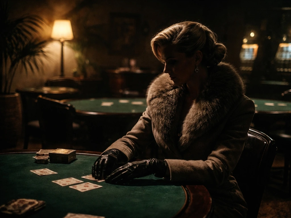 Anonymous woman in a noir back-room gambling lounge, warm lamp glow on a card table, vintage machines blurred.