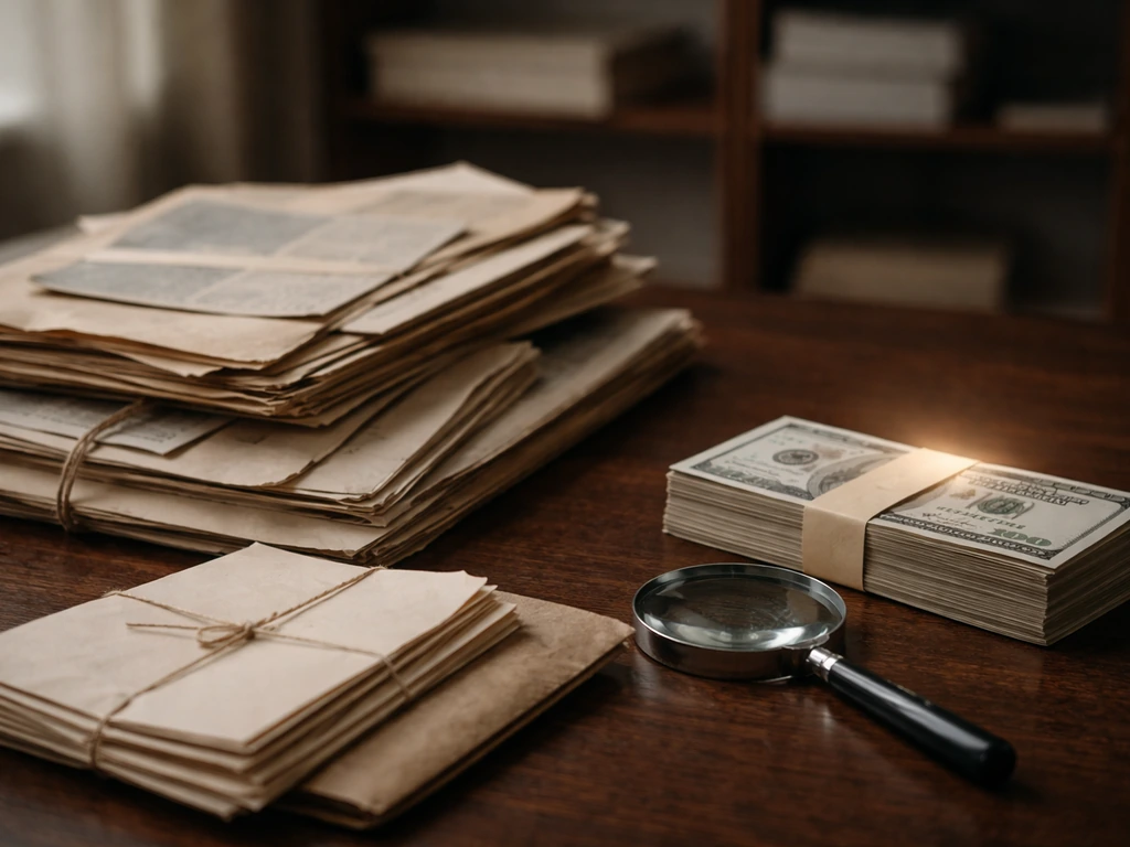 Archival papers, a magnifying glass, and a small cash stack on a desk with soft highlight glow.