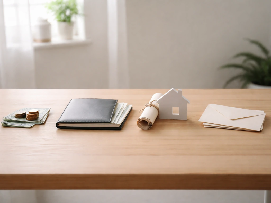 Minimal desk scene with coins, investment folder, deed silhouette, and blank IOU cards separated.