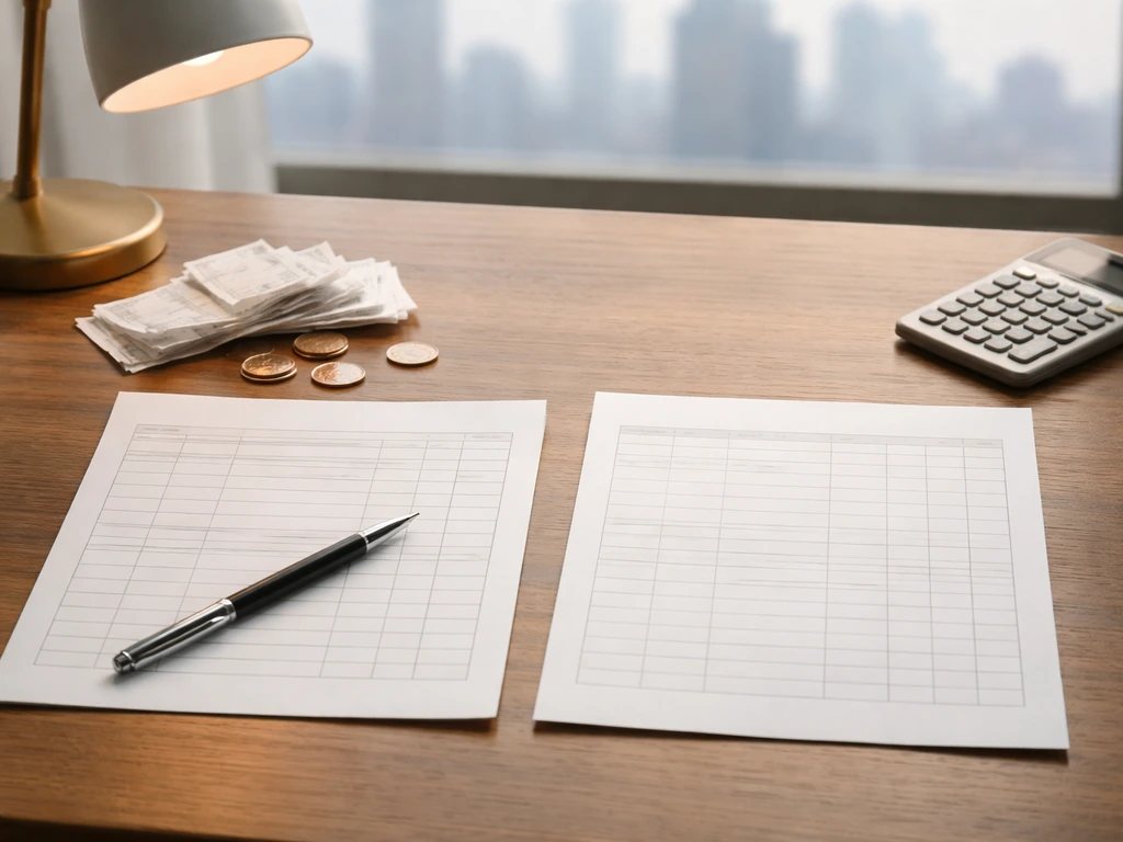 Two blank spreadsheet pages on a desk with receipts, calculator, and coins suggesting missing net worth context.