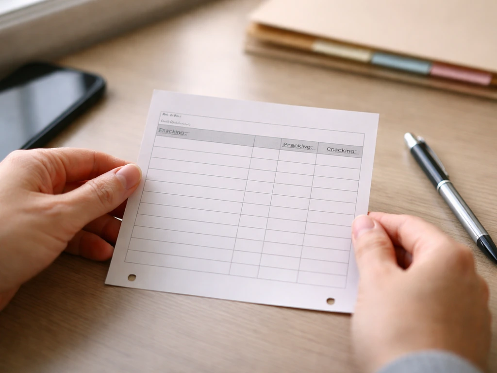 Hands updating a dated binder page with blank tracking columns and a timestamp on a desk.