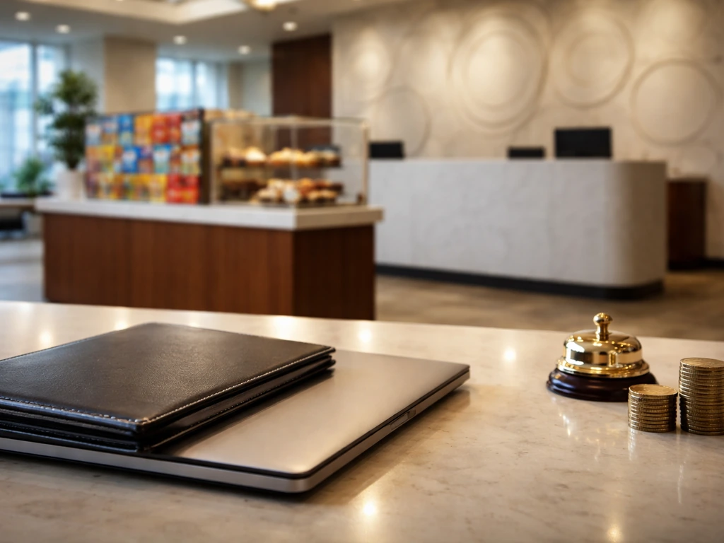 Modern office desk with laptop, coins, and cupcakes in a corporate lobby, representing business net worth context.