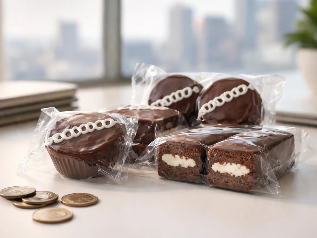 A simple close-up of Hostess-style packaged snacks on a desk beside scattered coins and a blurred city skyline