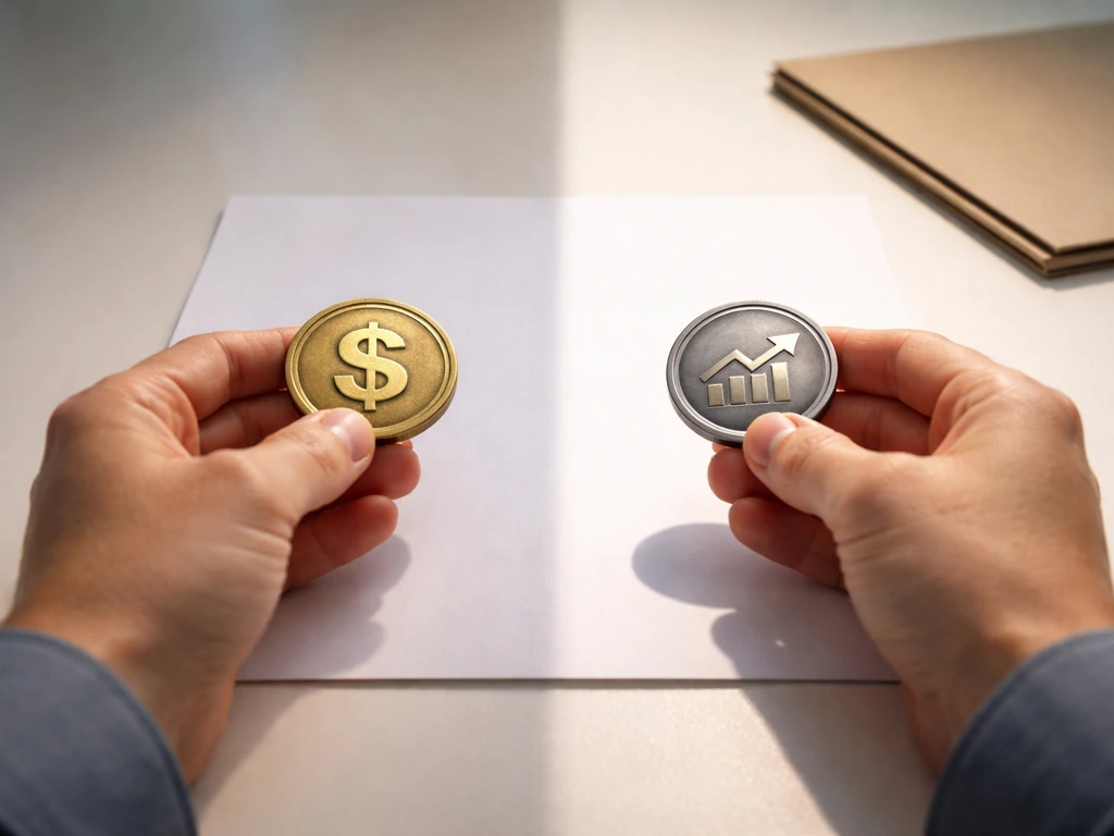 Hands holding two coins labeled cash and stock, with a simple split shadow on a desk
