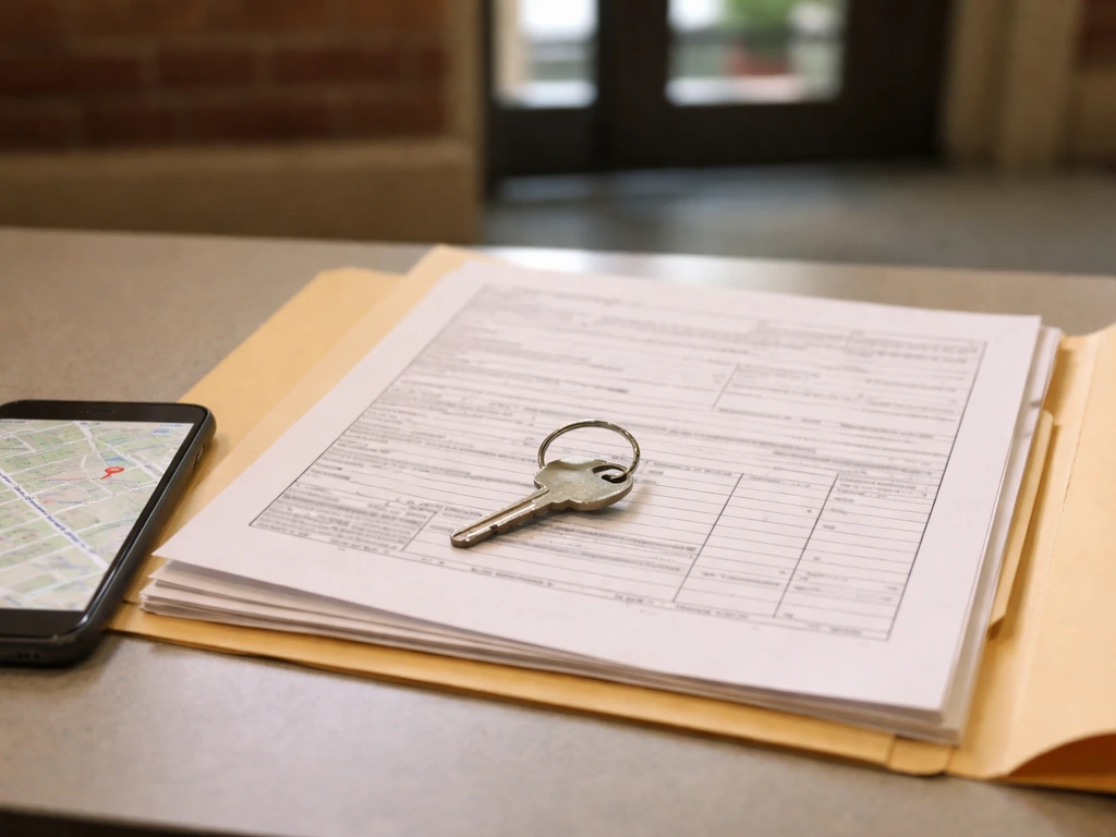Close-up of property record papers on a desk with a phone showing a generic map interface, keys nearby.