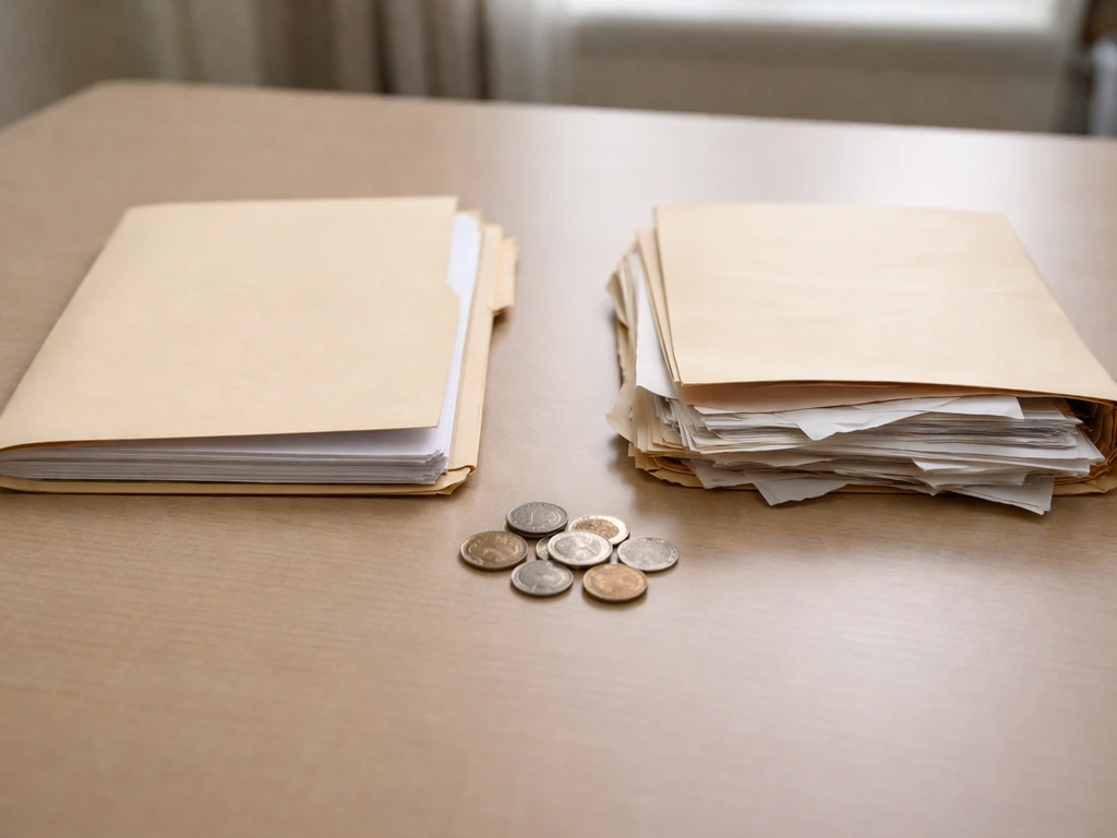 Split scene of a neatly filed paper document and a messy folder beside coins, symbolizing credible vs unreliable sources