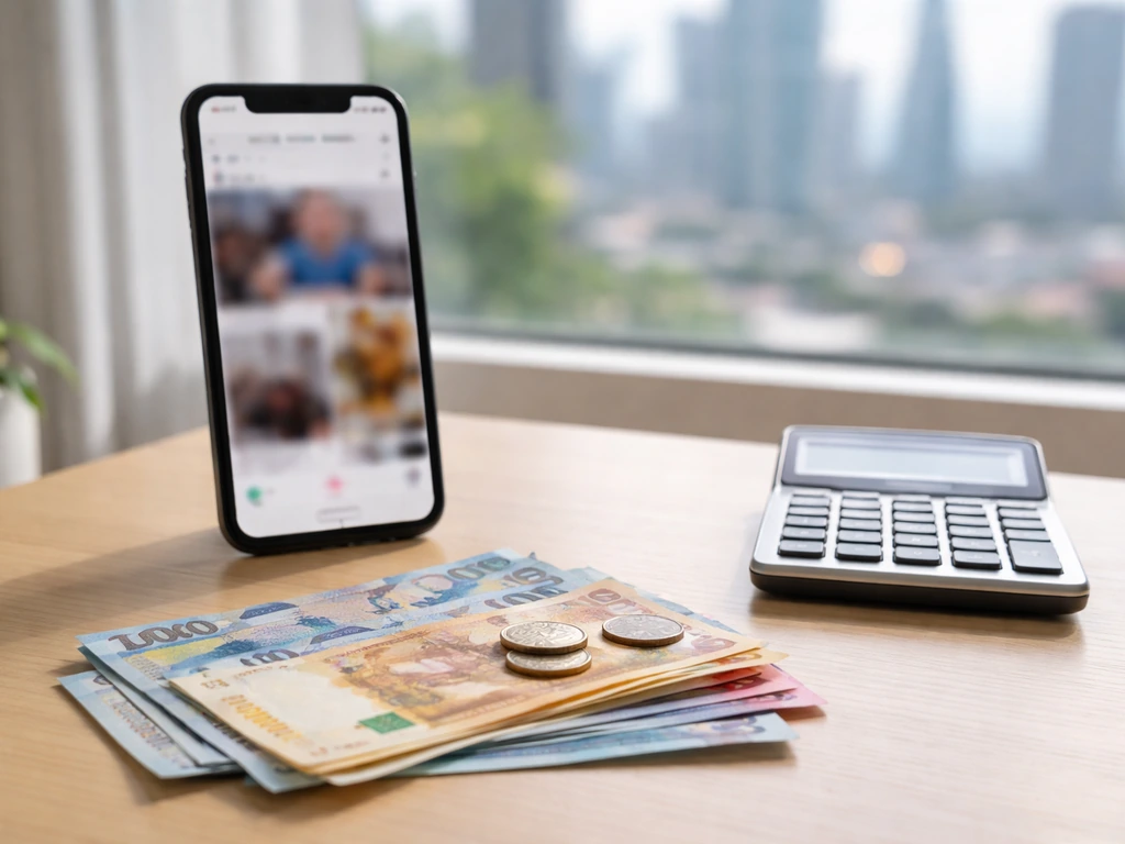 Philippine pesos cash and a smartphone on a desk, symbolizing a social-media net worth estimate.