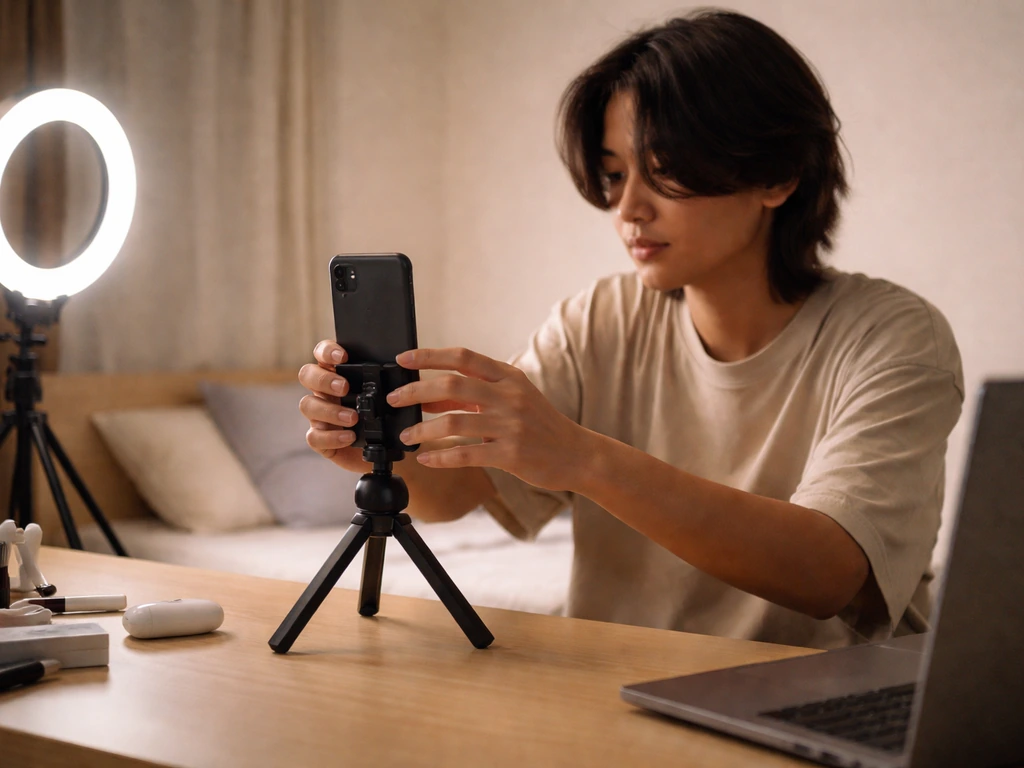 Anonymous Filipino TikTok creator adjusting a phone on a tripod in a minimal bedroom studio.