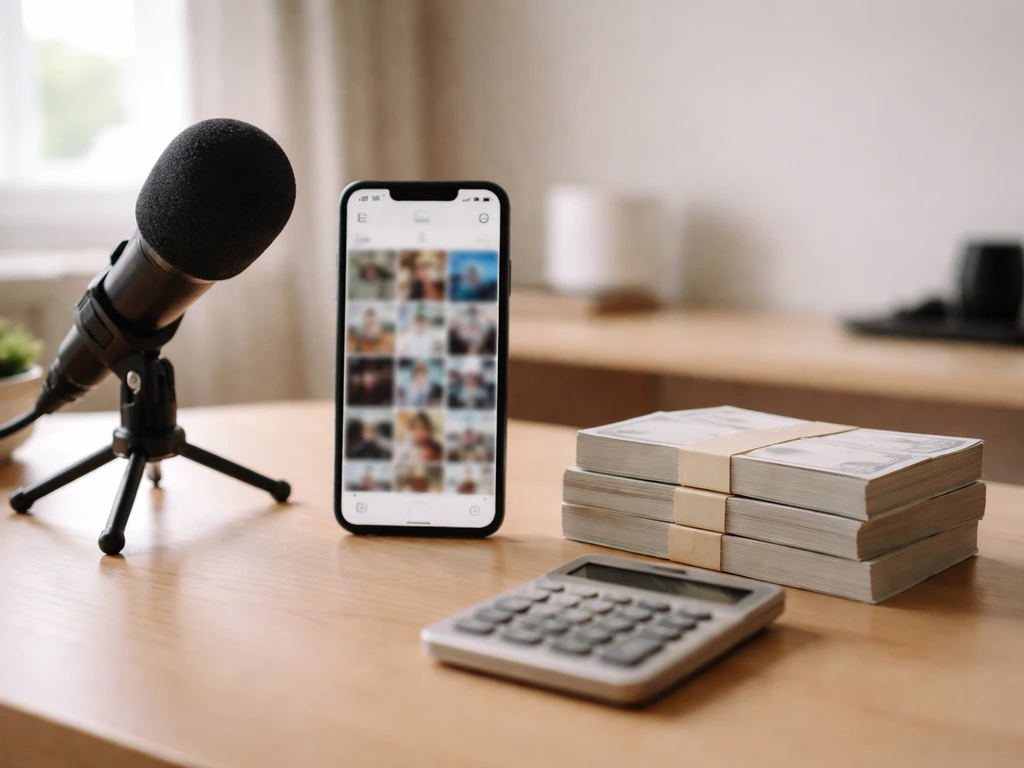 Minimal office desk with smartphone, microphone, calculator, and plain cash bundles suggesting sponsorship income modeli