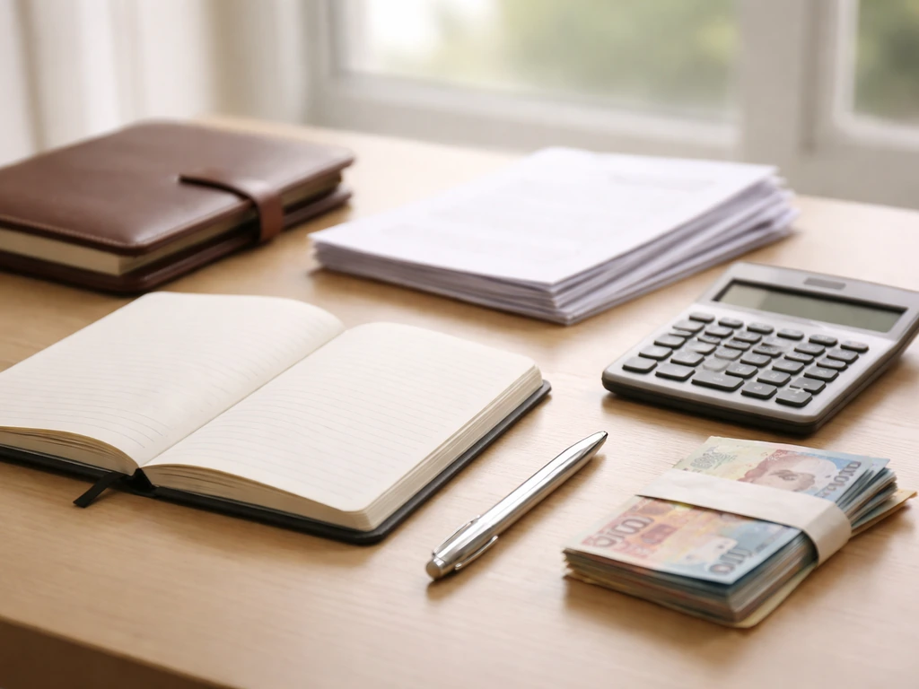 Minimal office desk with blank notebook, calculator, documents, and PHP currency notes in natural light.