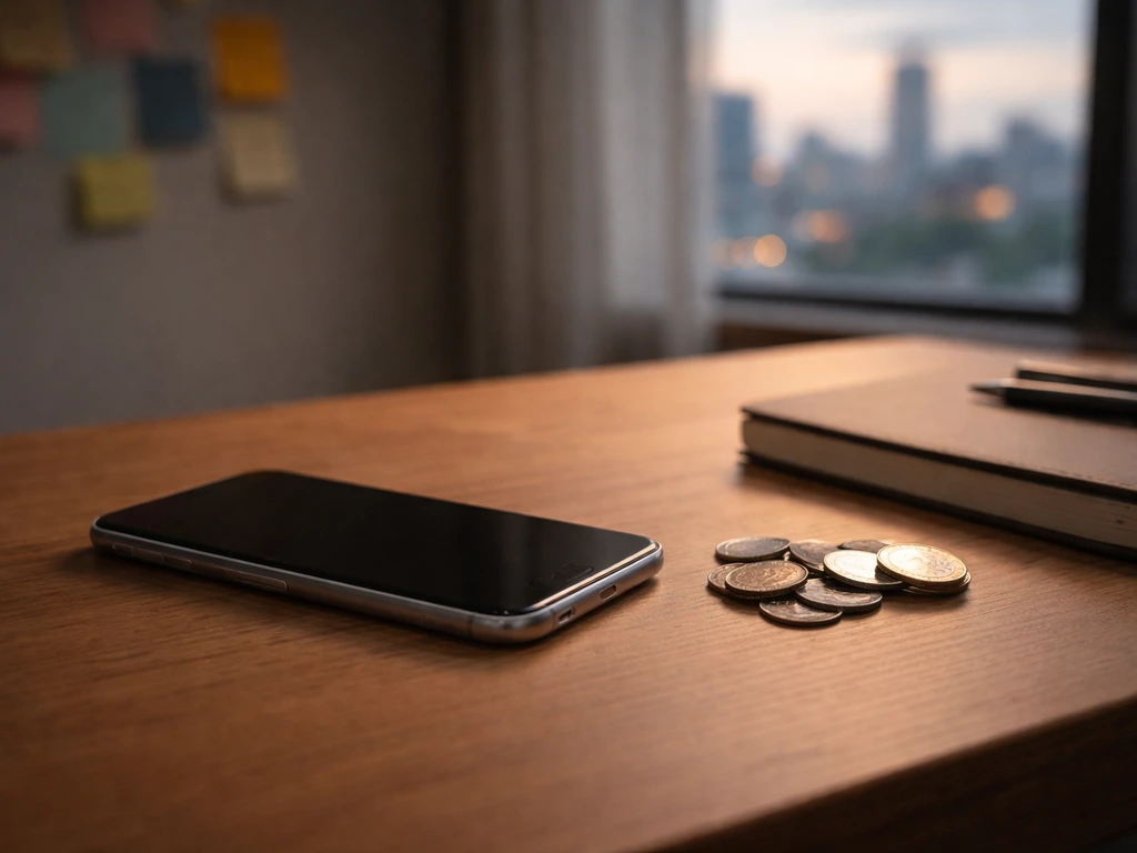Minimal desk scene with a smartphone and scattered coins suggesting an influencer wealth timeline