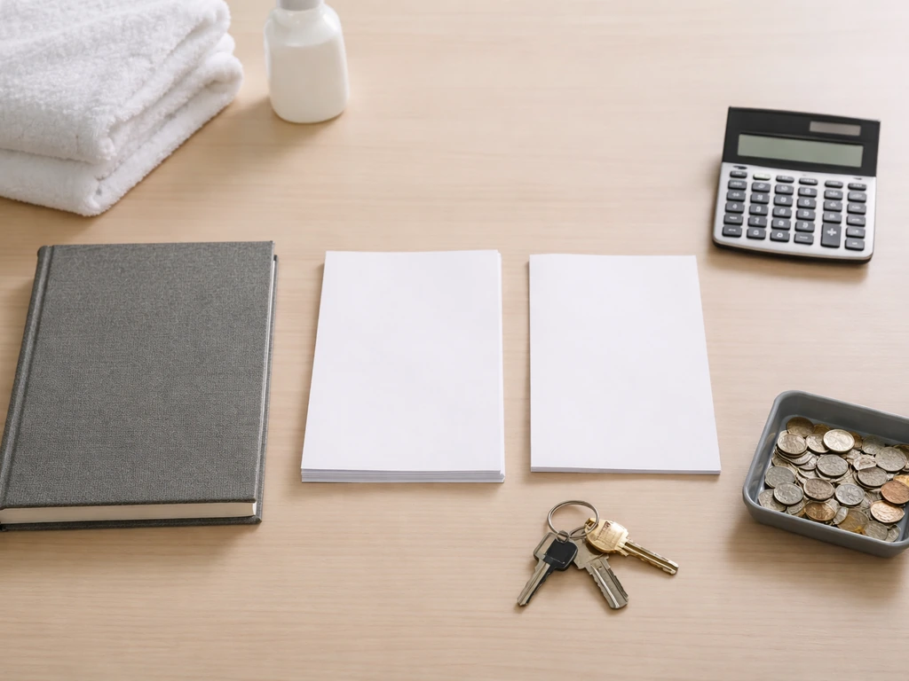 Minimal overhead view of laundry business bookkeeping with asset and liability paperwork and a calculator
