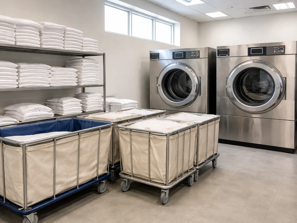 Minimal photo of industrial laundry machines and carts in a clean commercial laundry room