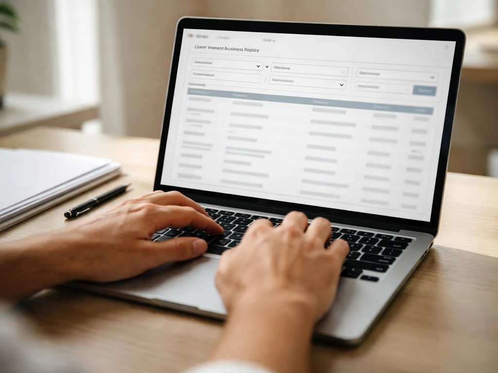 Close-up of a laptop showing a generic government business registry search-style results screen for verifying filings