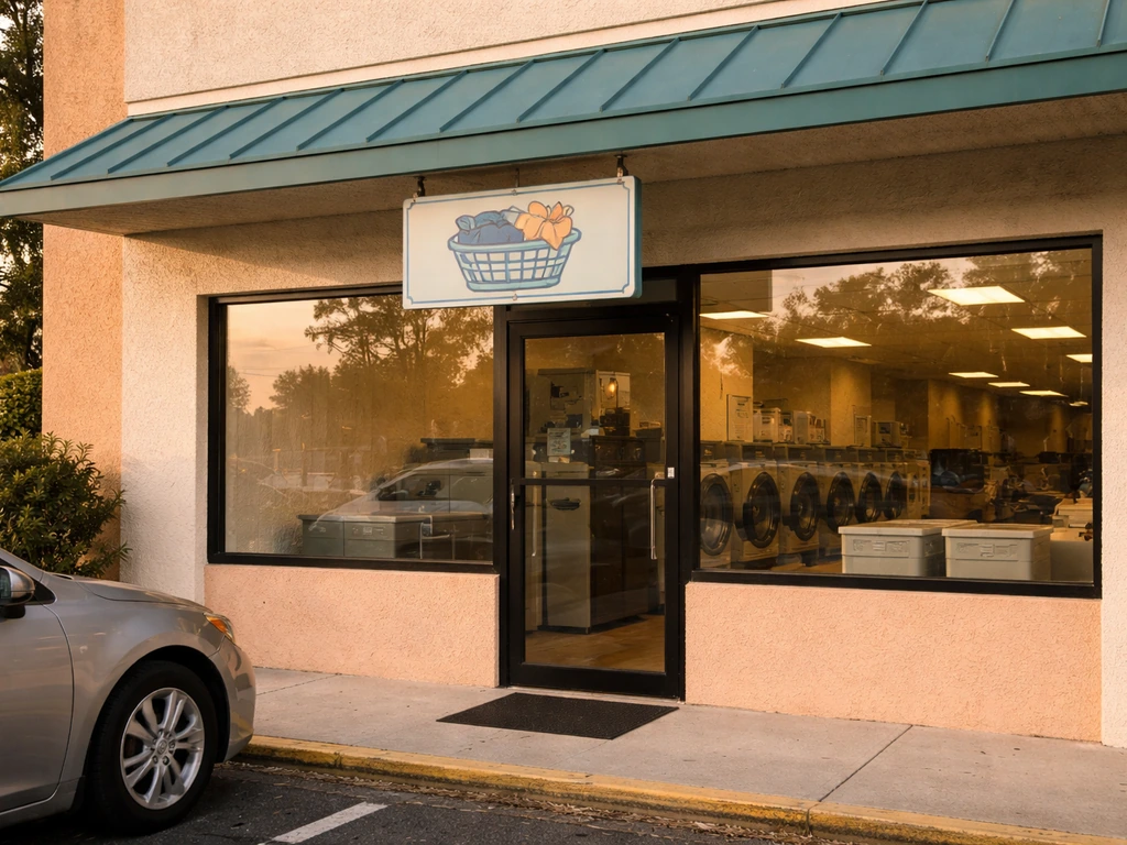 Quiet laundromat storefront in Port Charlotte with generic non-readable sign, showing the laundry business environment.
