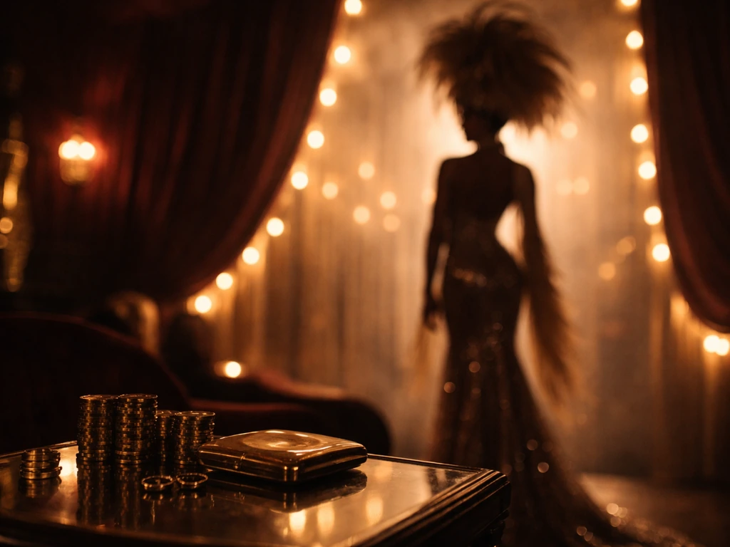 Glam drag performer silhouette in a South Florida lounge with sparkling lights and a luxe, money-adjacent vibe.