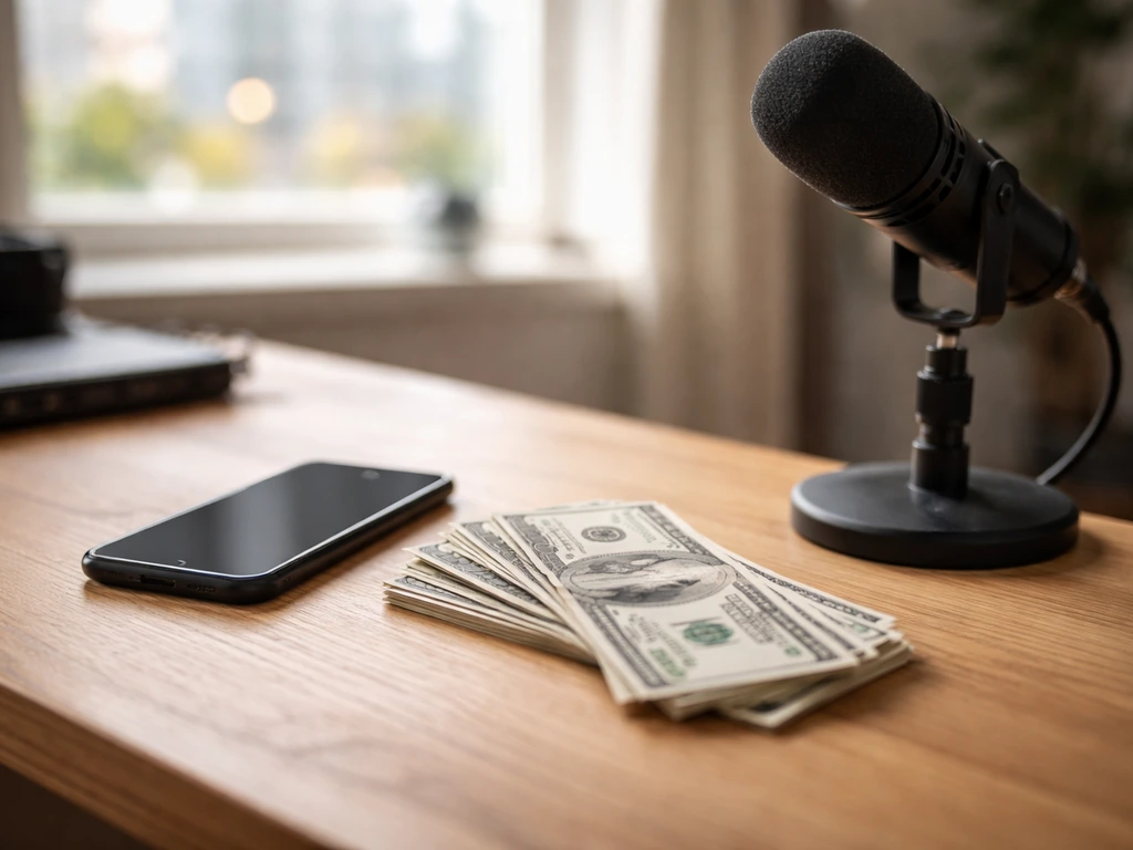 Minimal desk scene with a smartphone, currency, and studio microphone symbolizing net-worth comparisons.