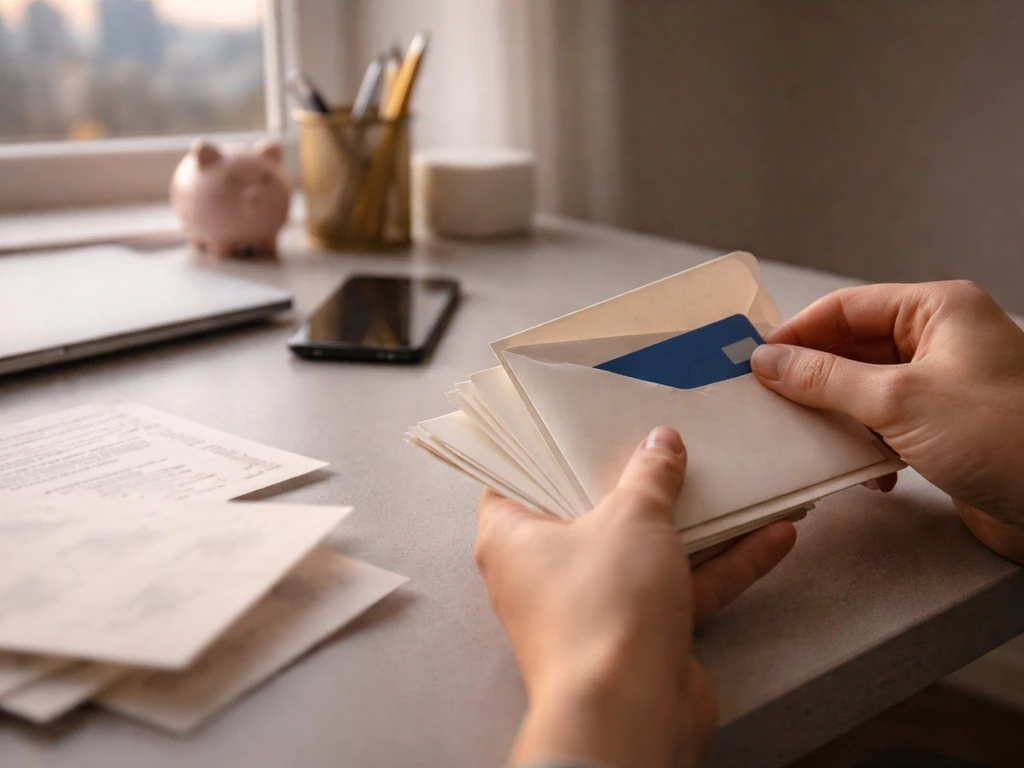 Anonymous hands organizing finance documents on a desk with city light through a window.