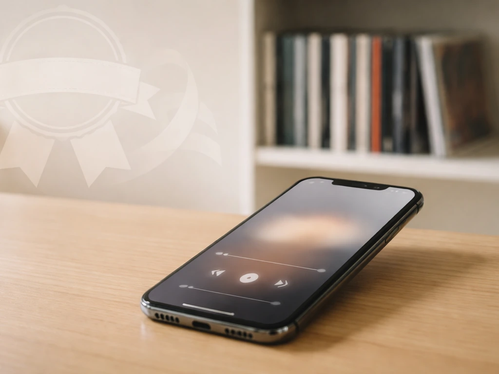 Minimal close-up of a smartphone playing music with a subtle streaming-style overlay over a music media shelf