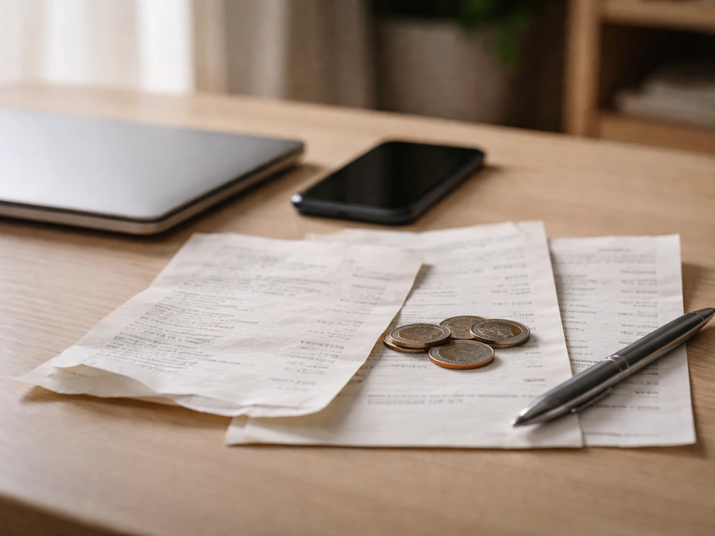 Desk with laptop and phone beside overlapping dated financial papers and coins, showing mismatched figures.