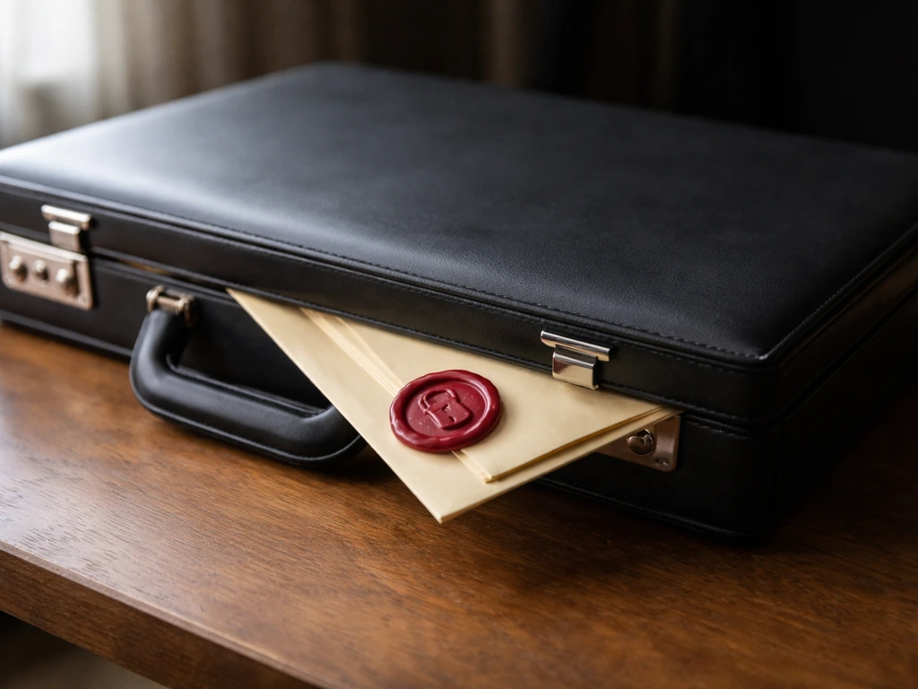Closed black briefcase with a wax-seal style stamp suggesting private, undisclosed assets.