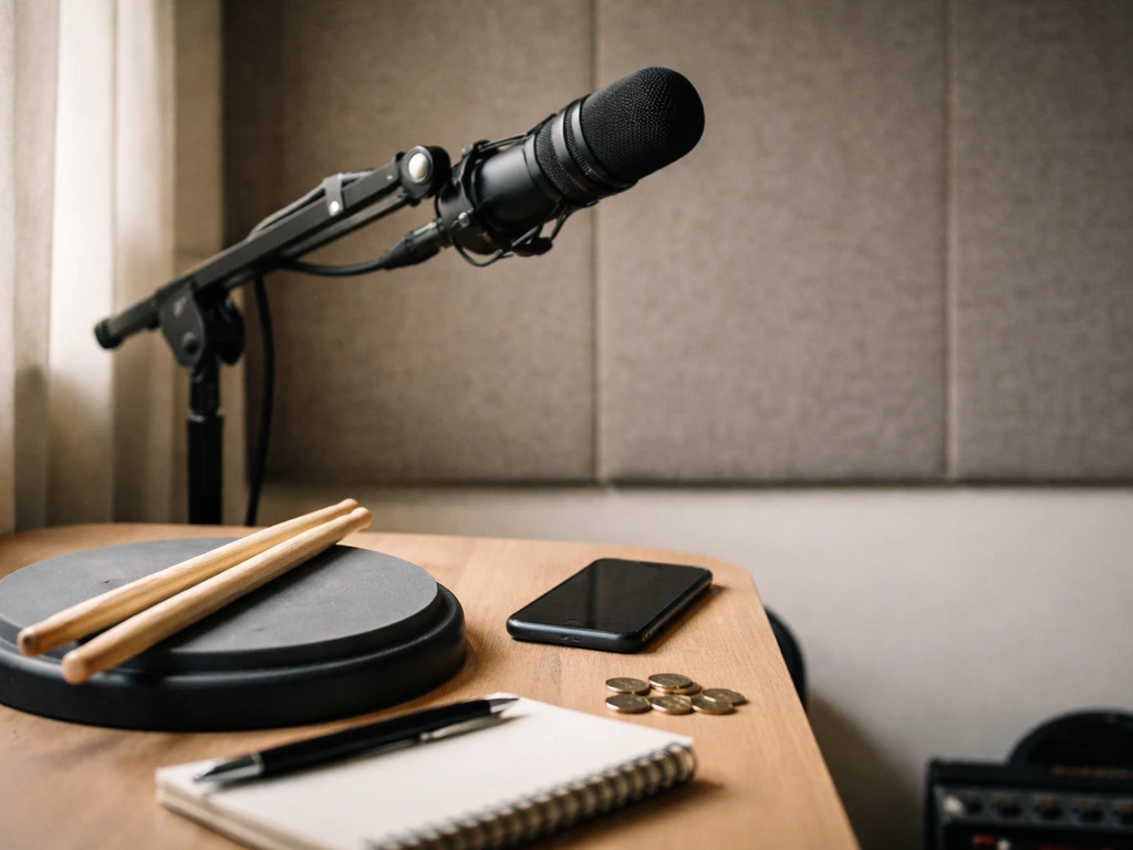 Anonymous music educator style scene with studio drum accessories and a focused media vibe