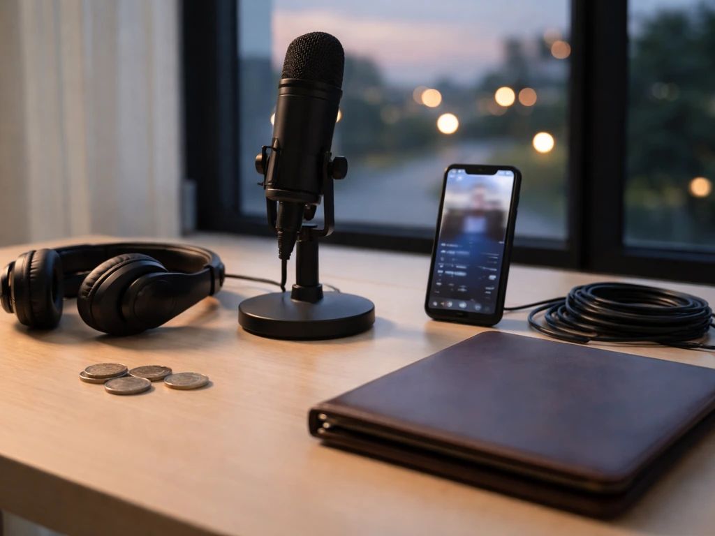 Studio desk with microphone, smartphone, coins, and portfolio symbolizing multiple income streams