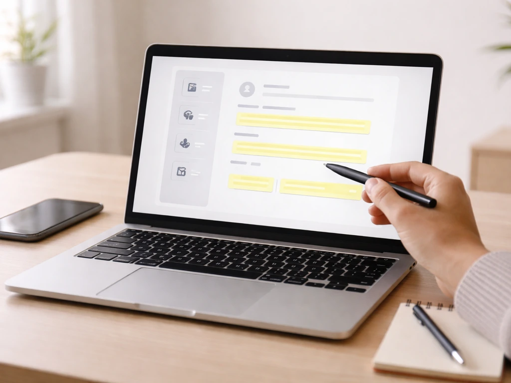Hand pointing at highlighted fields on a laptop, with phone and notebook on a tidy desk.