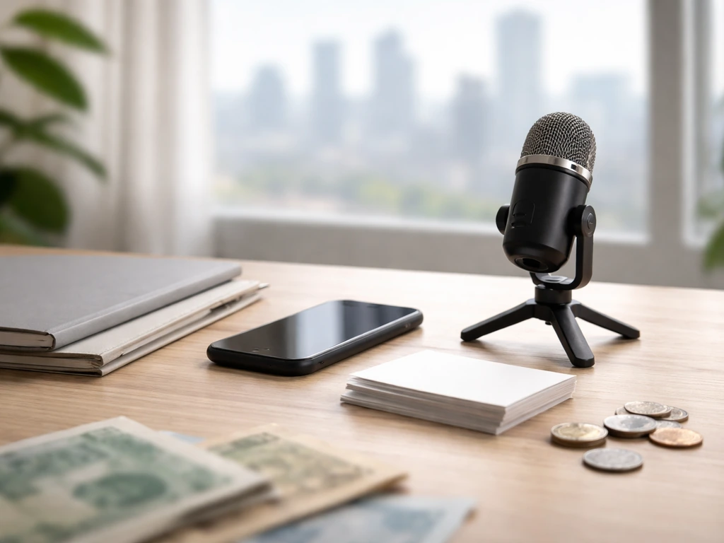 Minimal studio desk with smartphone, microphone, and scattered cash-like props symbolizing a creator net worth estimate