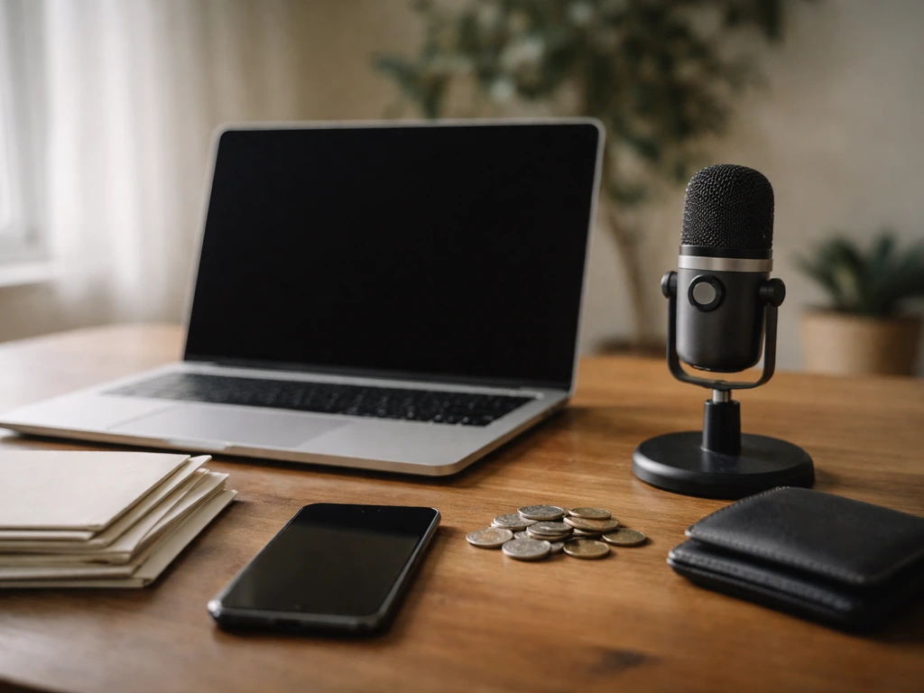 Minimal desk scene with coins, a studio microphone, and a laptop symbolizing model-based net worth estimation.