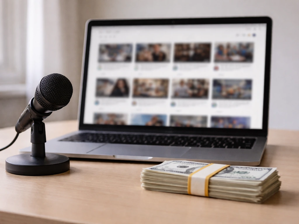 Close-up of a laptop showing a blurred video grid on a desk with cash-like props, symbolizing ad revenue
