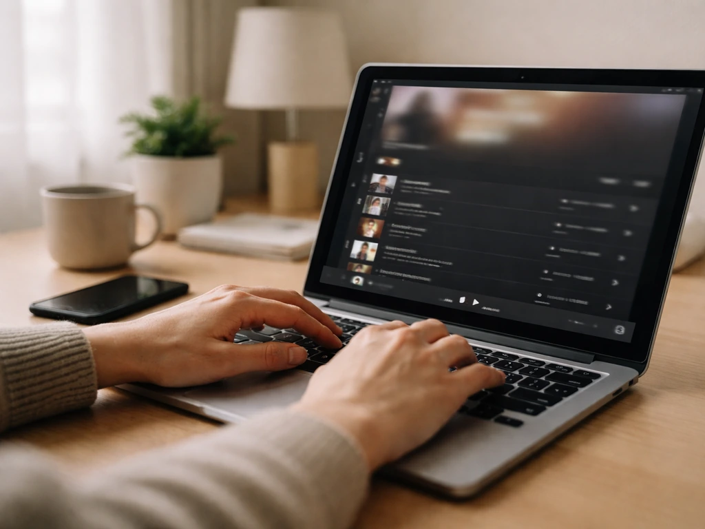 Laptop in a quiet room with an Apple Music–style music player screen showing song list, no readable text.