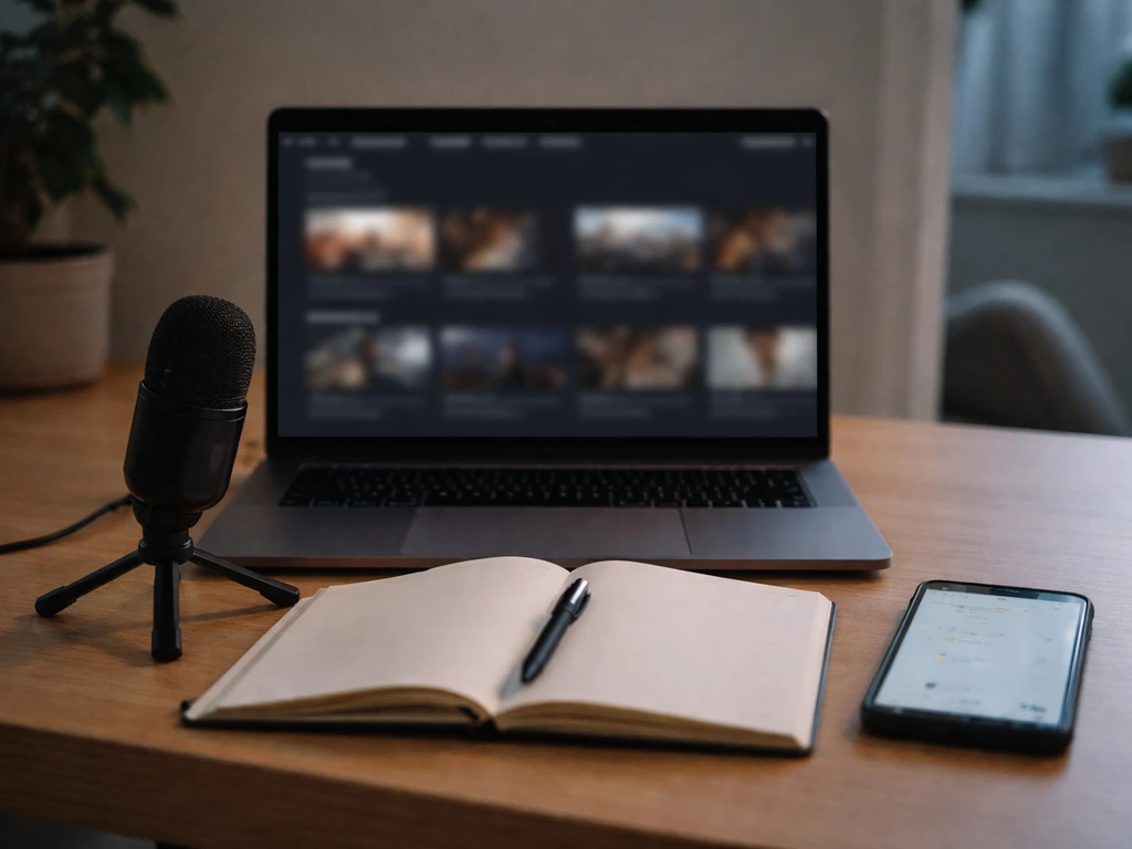 Minimal streaming desk scene with blurred low-activity metrics on devices, suggesting limited recent viewership.