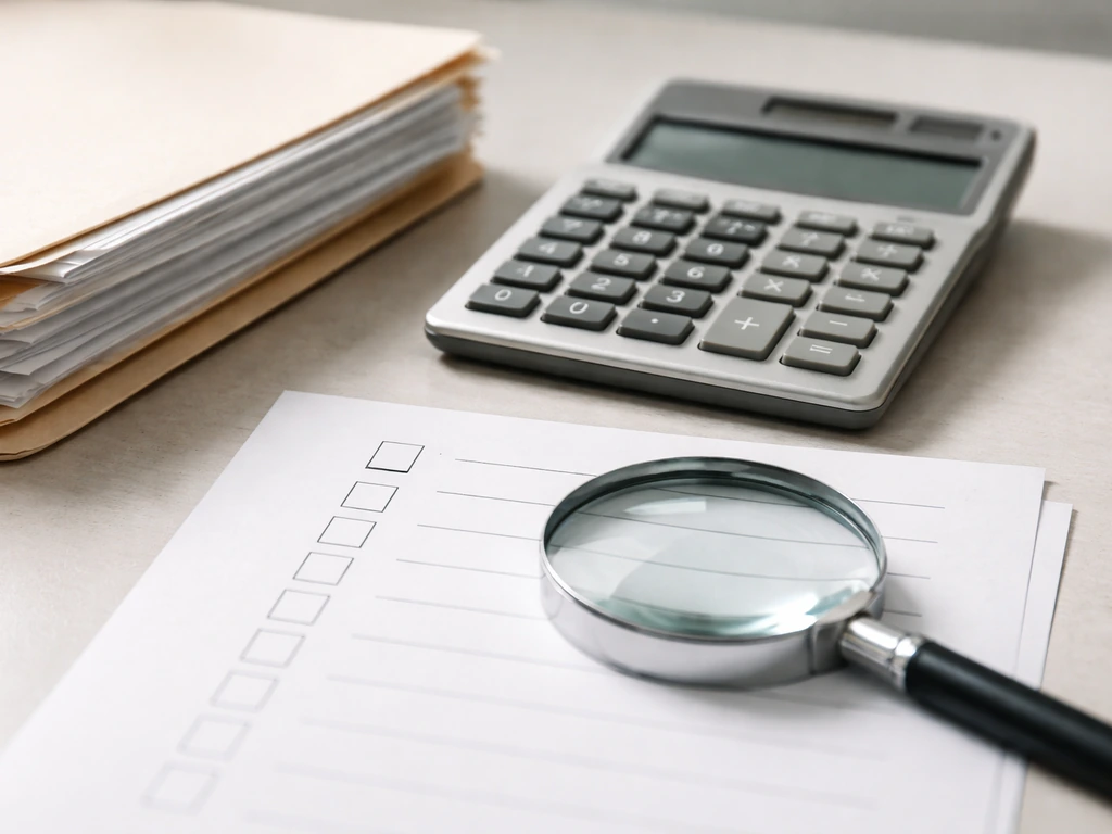Calculator beside a folder of documents and a magnifying glass over a blank assets/liabilities checklist.