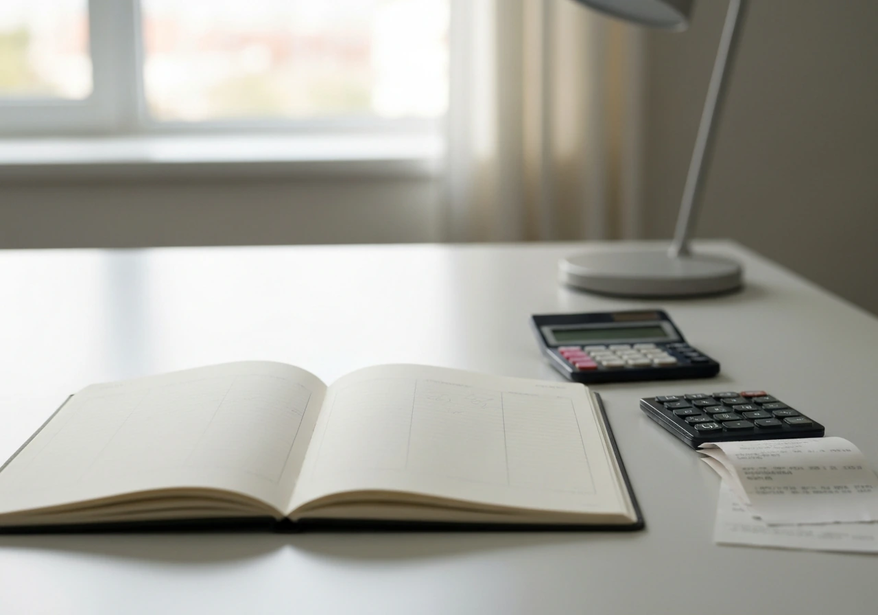 Open notebook with handwritten-looking ledger and neatly stacked receipts beside a calculator on a desk