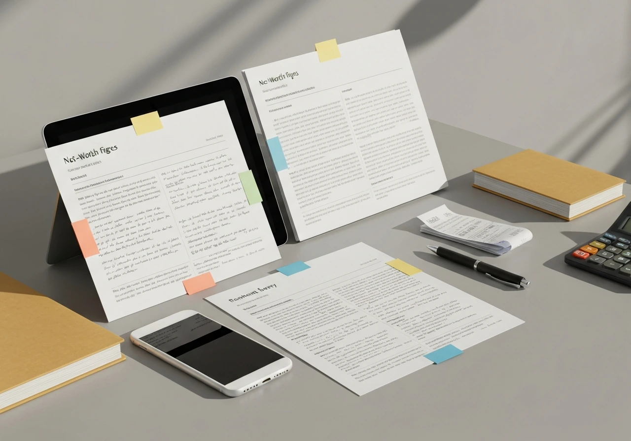 Minimal desk with open documents and a tablet suggesting careful net-worth research, no people or readable text.