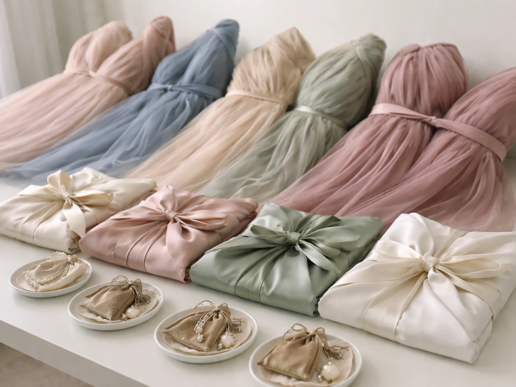 Close-up of neatly arranged bridesmaid dresses, satin robes, and accessories on a white table