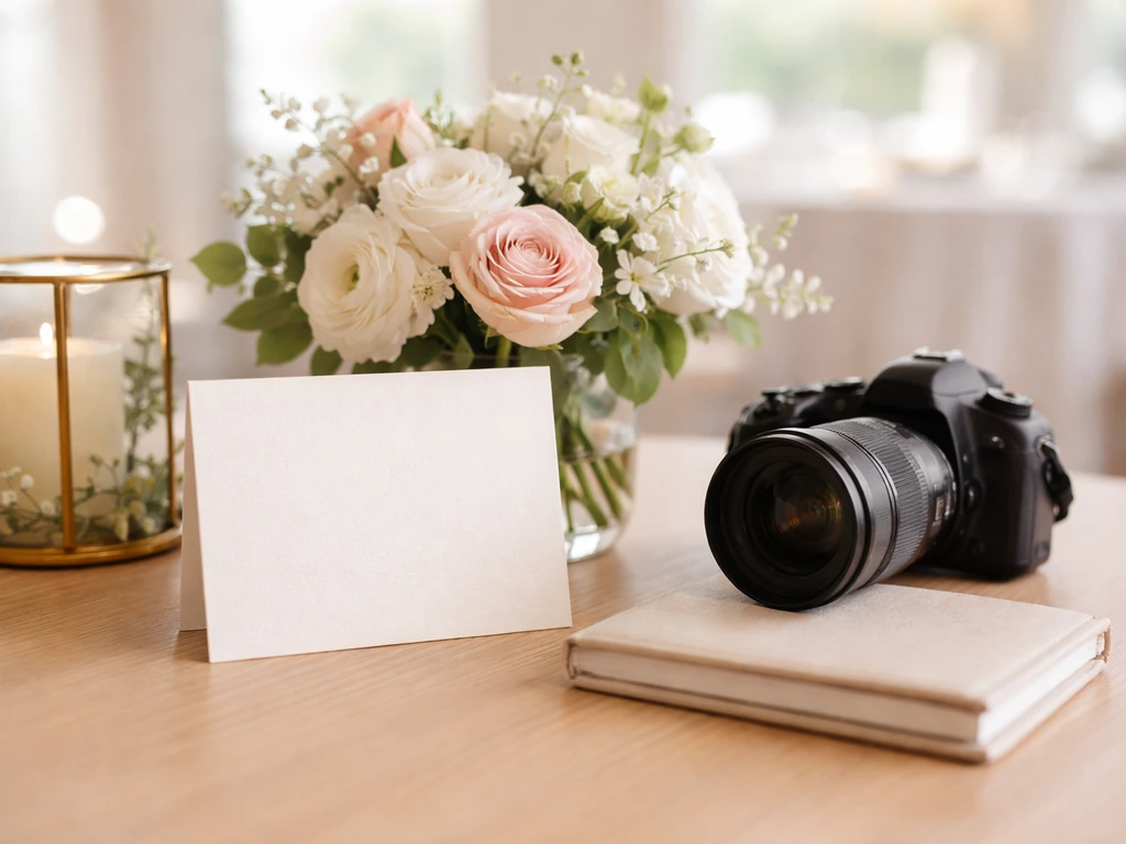 Minimal staged wedding-industry props on a wooden table suggesting brand partnerships and sponsorships