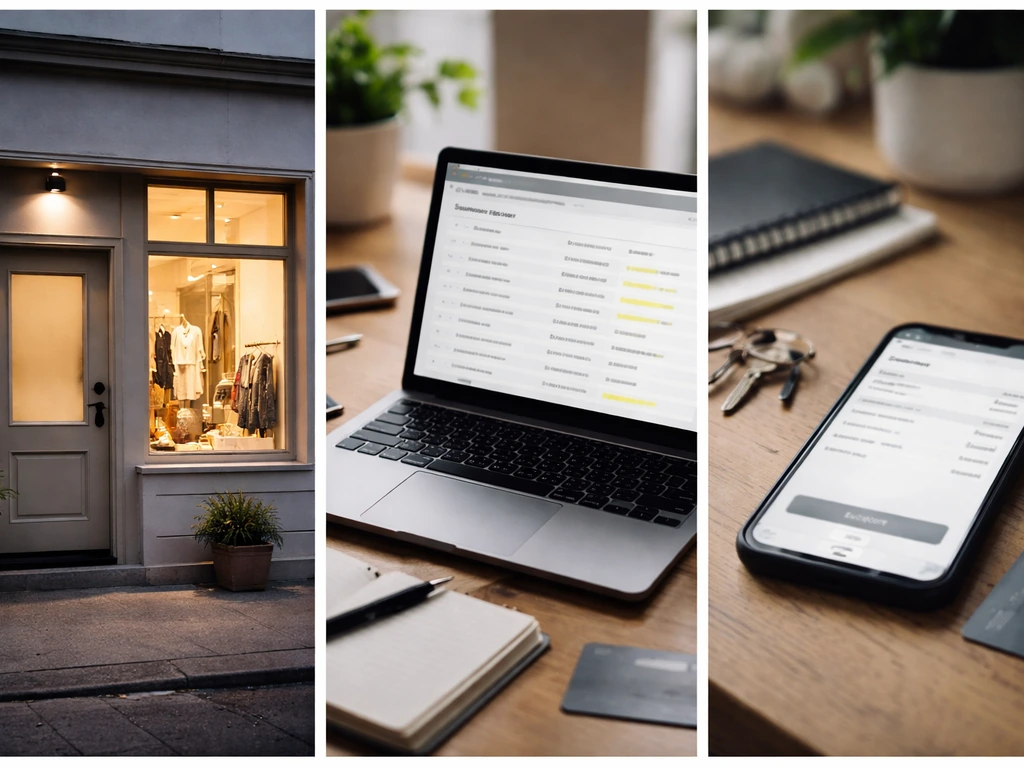 Minimal storefront and laptop showing a generic business registry and checkout page, implying business ownership.