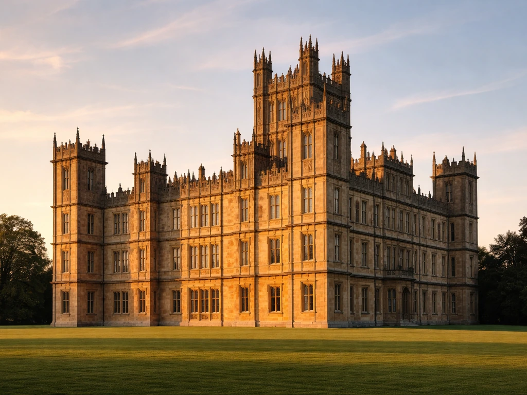Golden-hour view of Highclere Castle exterior with a subtle sense of wealth and heritage