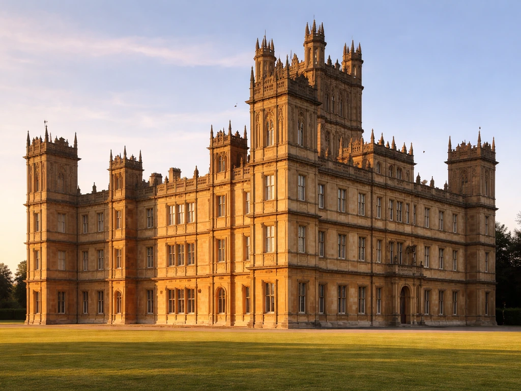 Highclere Castle exterior in Hampshire, England at golden hour, symbolizing Lady Carnarvon’s home