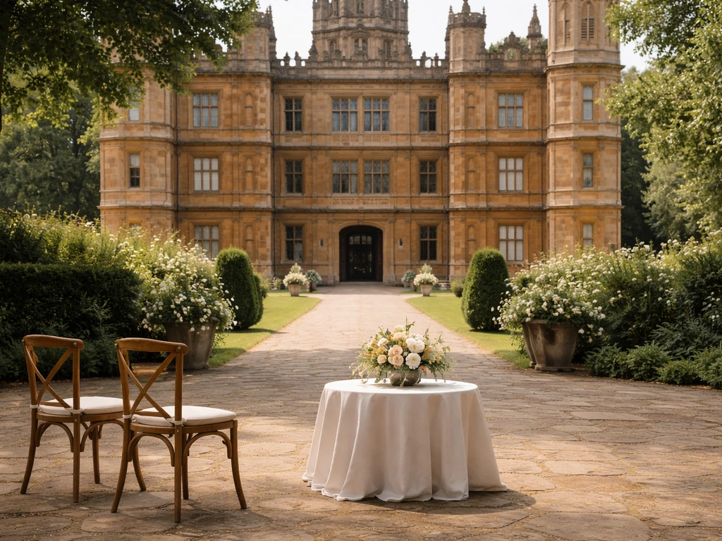 Highclere Castle courtyard prepared for visitors with event decor in soft daylight